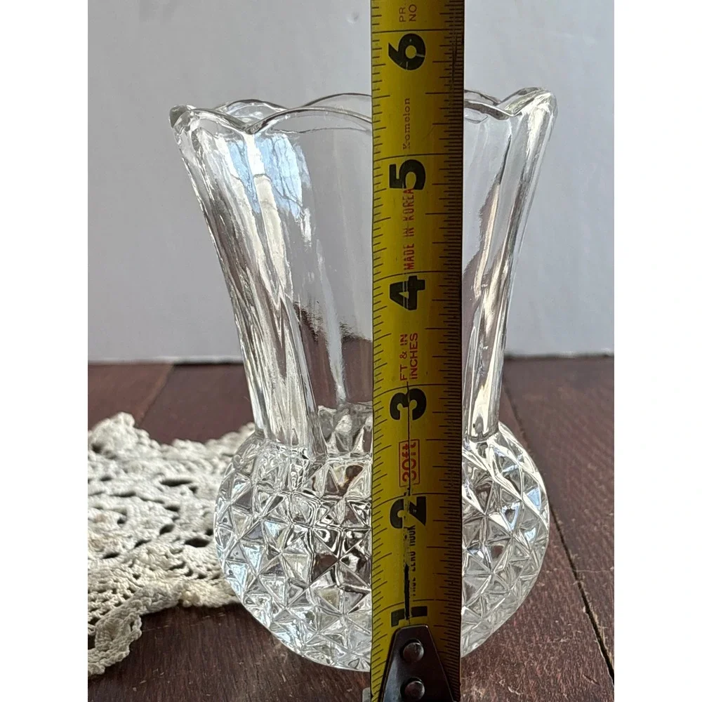 Vintage Clear Pressed Glass Bud Vase Diamond Point Base‎ Scalloped Rim 6 Inch